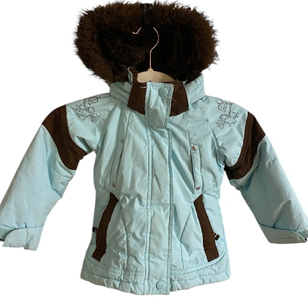 London Fog turquoise & Brown winter coat Girls size 4. Removable hood. Pockets